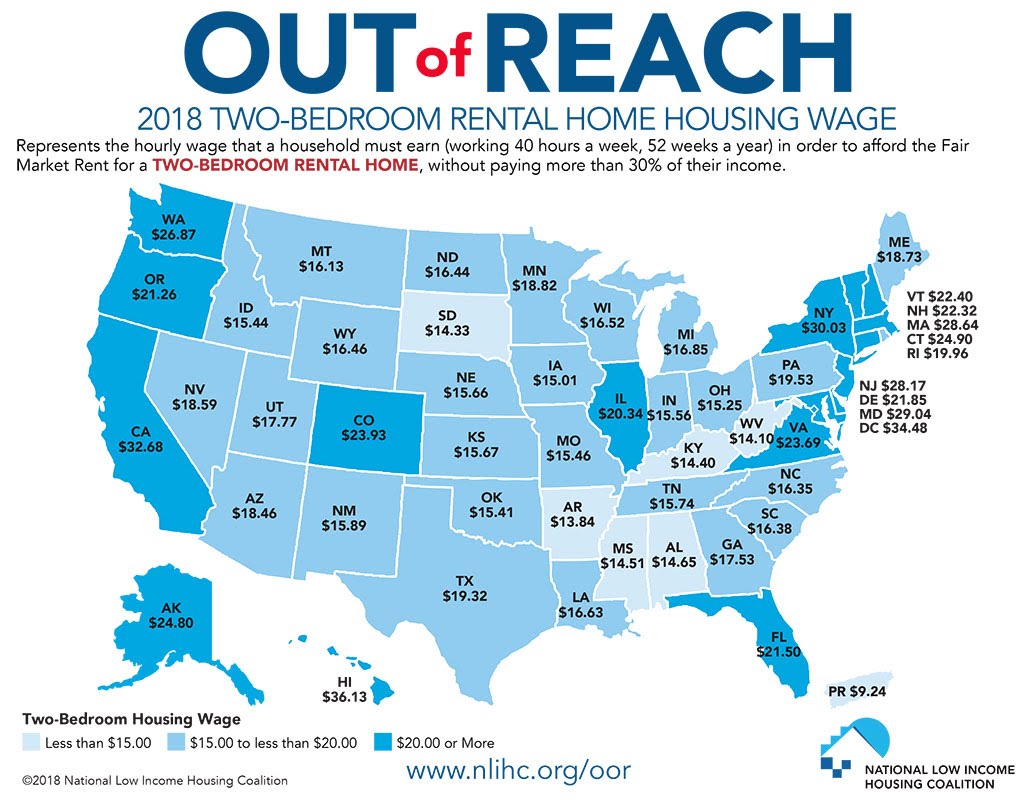 Out of Reach: 2018 Two Bedroom Rental Home Housing Wage map – www.nlihc.org/oor