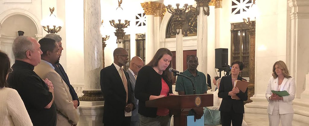 Our policy advocate Ann Sanders speaks at a June 24 press conference in Harrisburg regarding General Assistance 