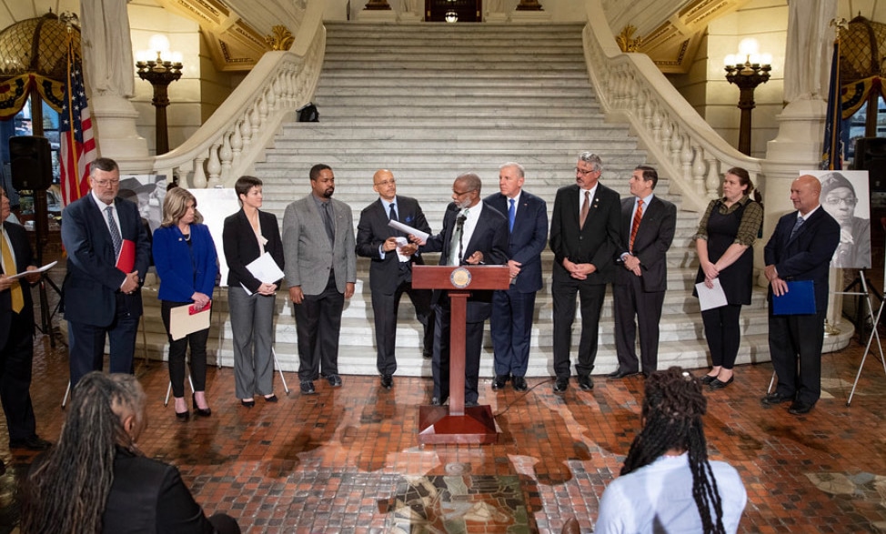Sen. Haywood (center) and other elected officials and advocates, including Just Harvest's Ann Sanders, at the press conference for the release of his Poverty Tour Report, Oct. 29, 2019