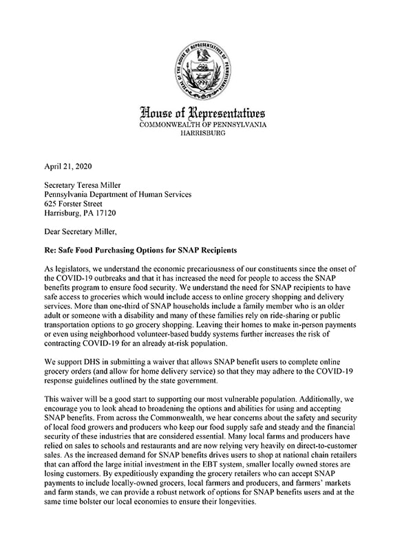 Letter to Sec. Miller from 45 Pa. State. Reps.