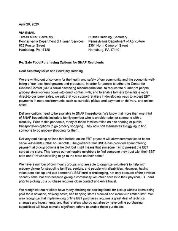 Letter to Secs. Miller and Redding from 50+ PA organizations