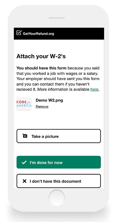 screenshot of attach your W2s screen on virtual tax filing